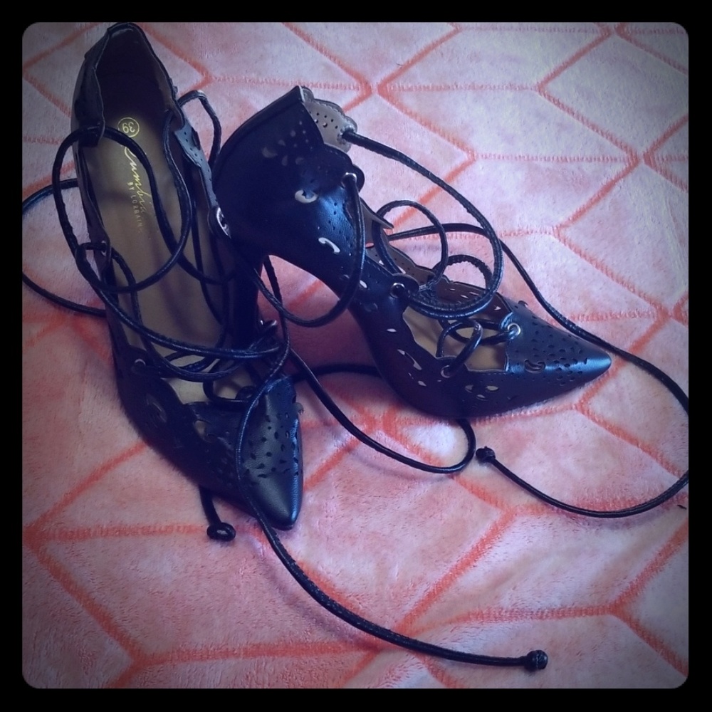 Black, lace up heels